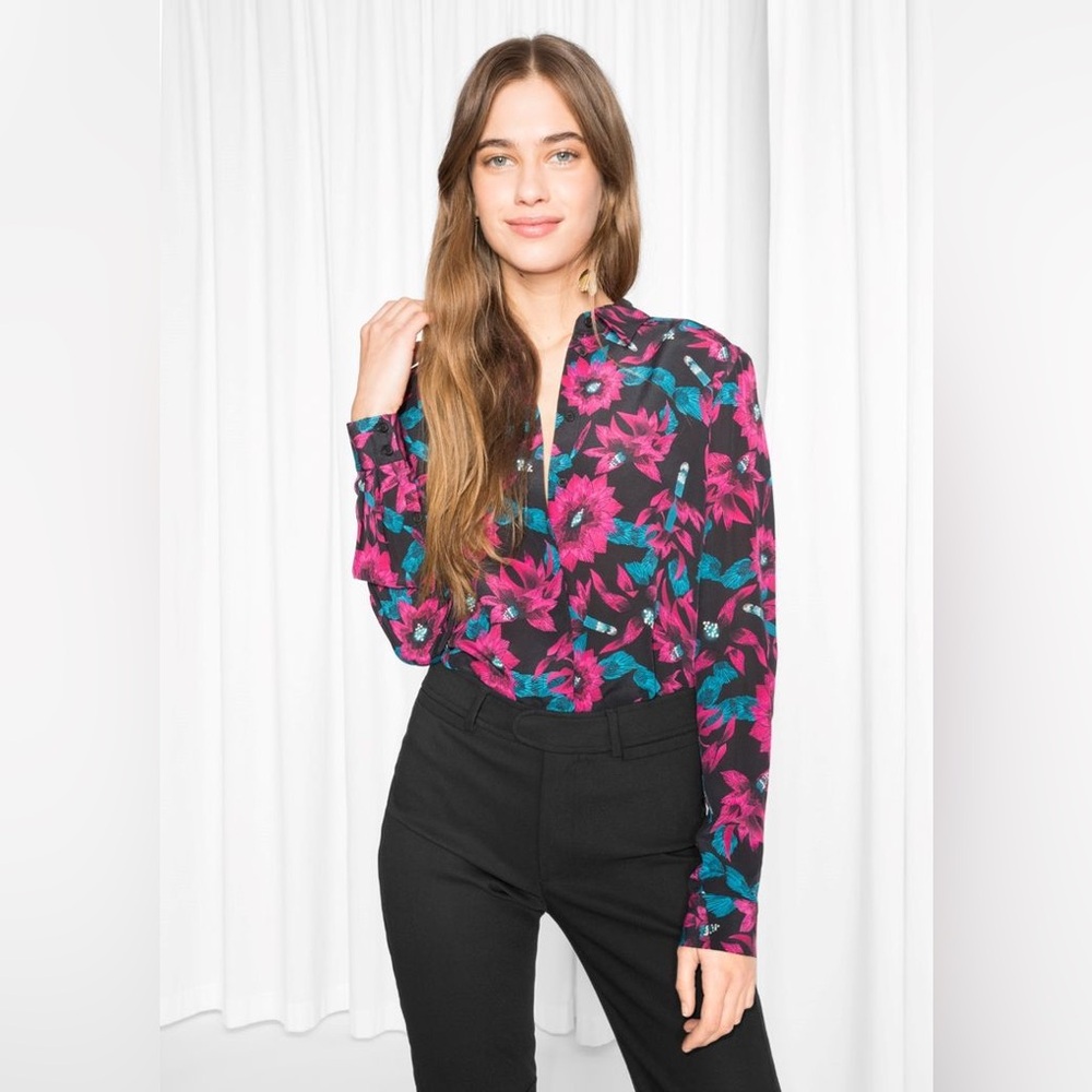 & OTHER STORIES PARIS ATELIER Silk button down shirt blouse floral top sz 10 40